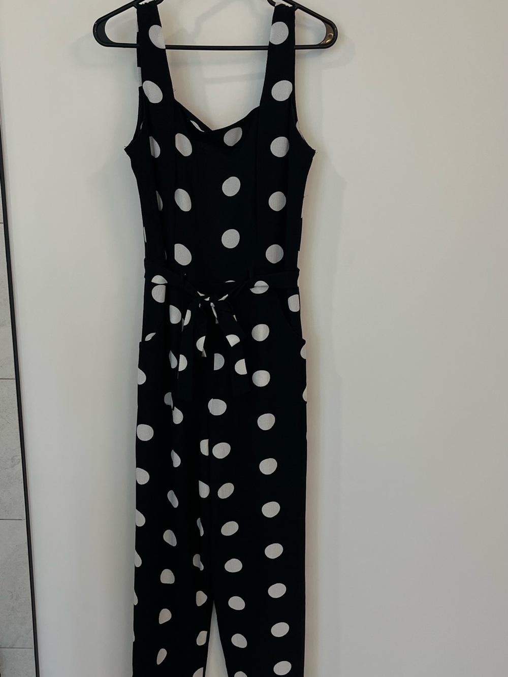 Monteau Black Jumpsuit with White Polka Dots and waist tie